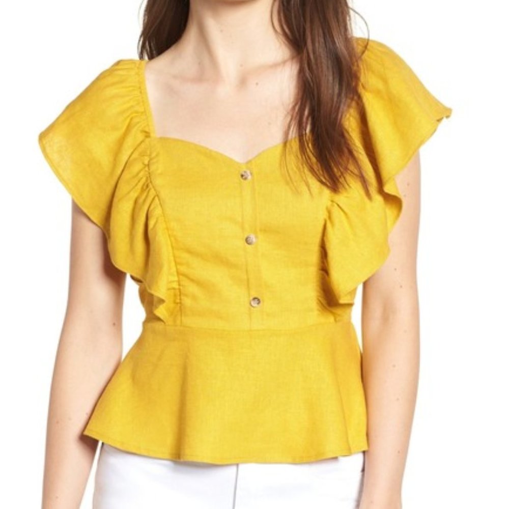 BP. Flutter Sleeve Peplum Linen Blend Top